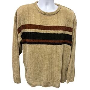 ☕ Consensus Sportswear Chenille Stripe Sweater XL – Tan Brown Retro Y2K Knit